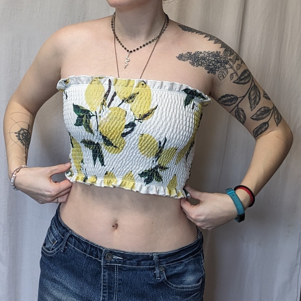 2/$25 Lemon Print Strapless Rouched Elastic Top